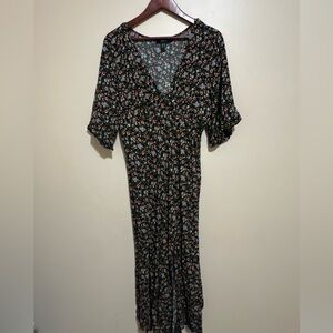 Forever 21 Black Floral V‑Neck Maxi Dress with Pink & Green Accents